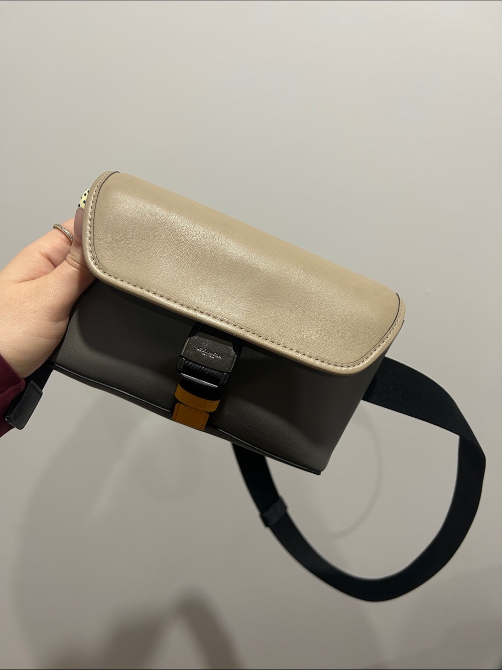 Coach Two-Tone Taupe and Gray Crossbody Belt Bag with Mustard Accent